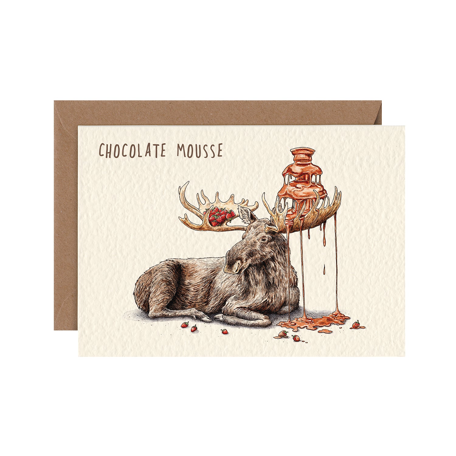 Indulge a chocolate lover with a delightful Chocolate Mousse Card from Hester &amp; Cook, featuring a whimsical illustration of a resting moose with strawberries in one antler and a chocolate fountain in the other.