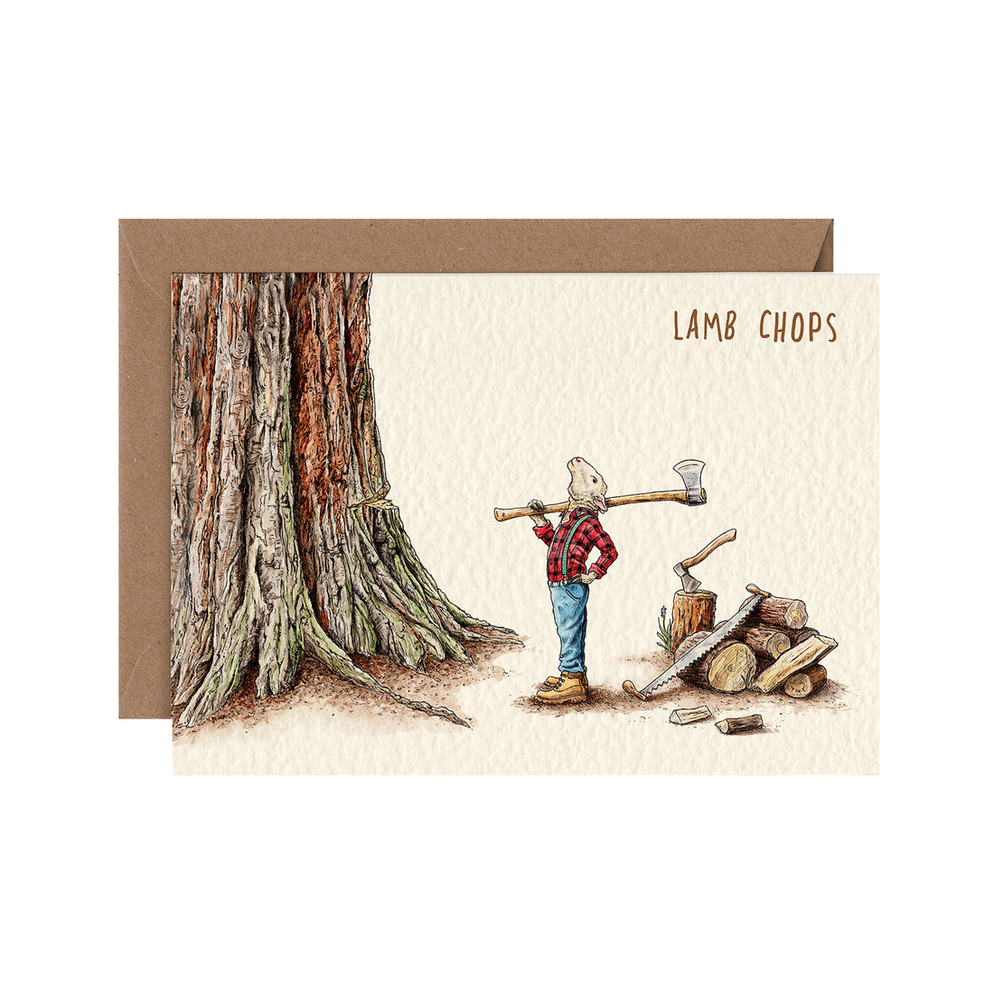 A whimsical illustration of a lumberjack with the head of a sheep, axe slung over his shoulder, gazing up at a gigantic tree. The card is captioned &quot;Lamb Chops&quot;. 