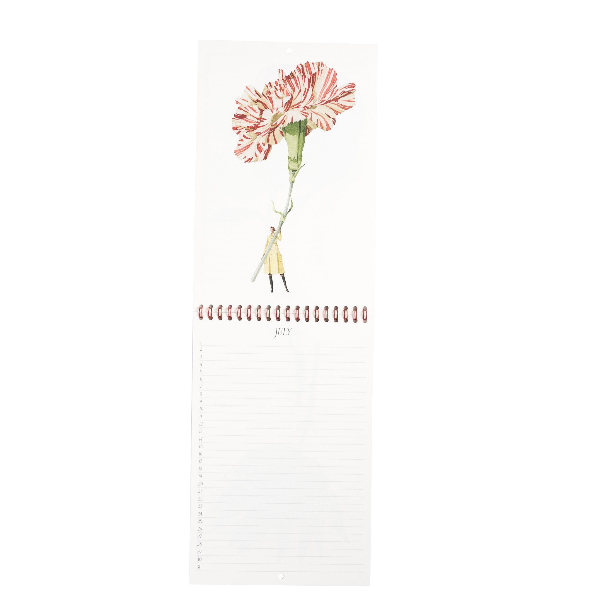 The July spread of the Birthday Calendar features a stylized illustration of a woman holding a giant carnation bloom on the top sheet, with numbered lines for the days in July down the bottom sheet.