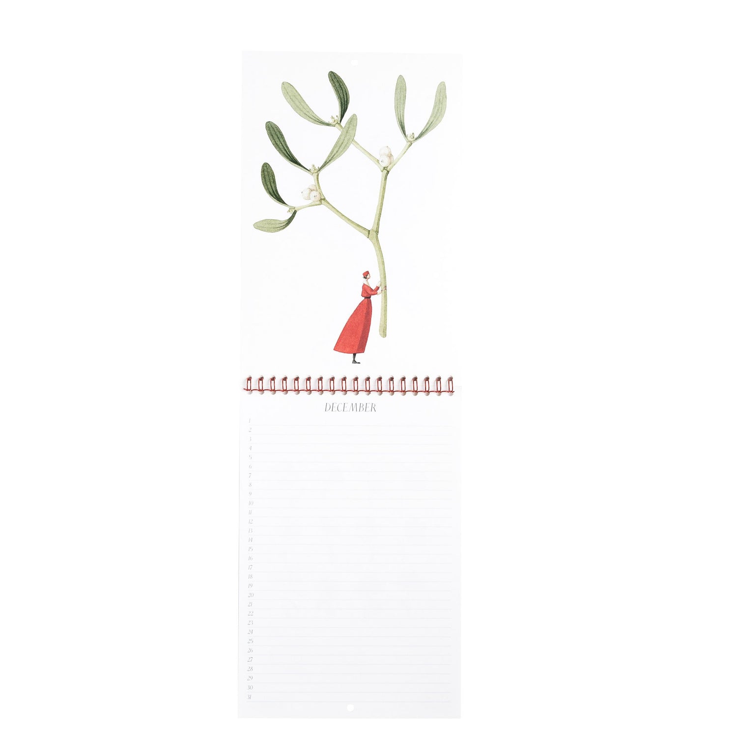 The December spread of the Birthday Calendar features a stylized illustration of a woman holding a giant sprig of mistletoe on the top sheet, with numbered lines for the days in December down the bottom sheet.