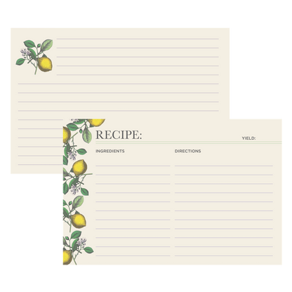 Both sides of a lined recipe card with space for ingredients and directions on the front, with more lined space on the back. The front of the card is adorned with yellow lemons and green leaves with white blossoms along the left edge, and the back features one lemon in the upper left corner.