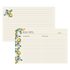 Both sides of a lined recipe card with space for ingredients and directions on the front, with more lined space on the back. The front of the card is adorned with yellow lemons and green leaves with white blossoms along the left edge, and the back features one lemon in the upper left corner.