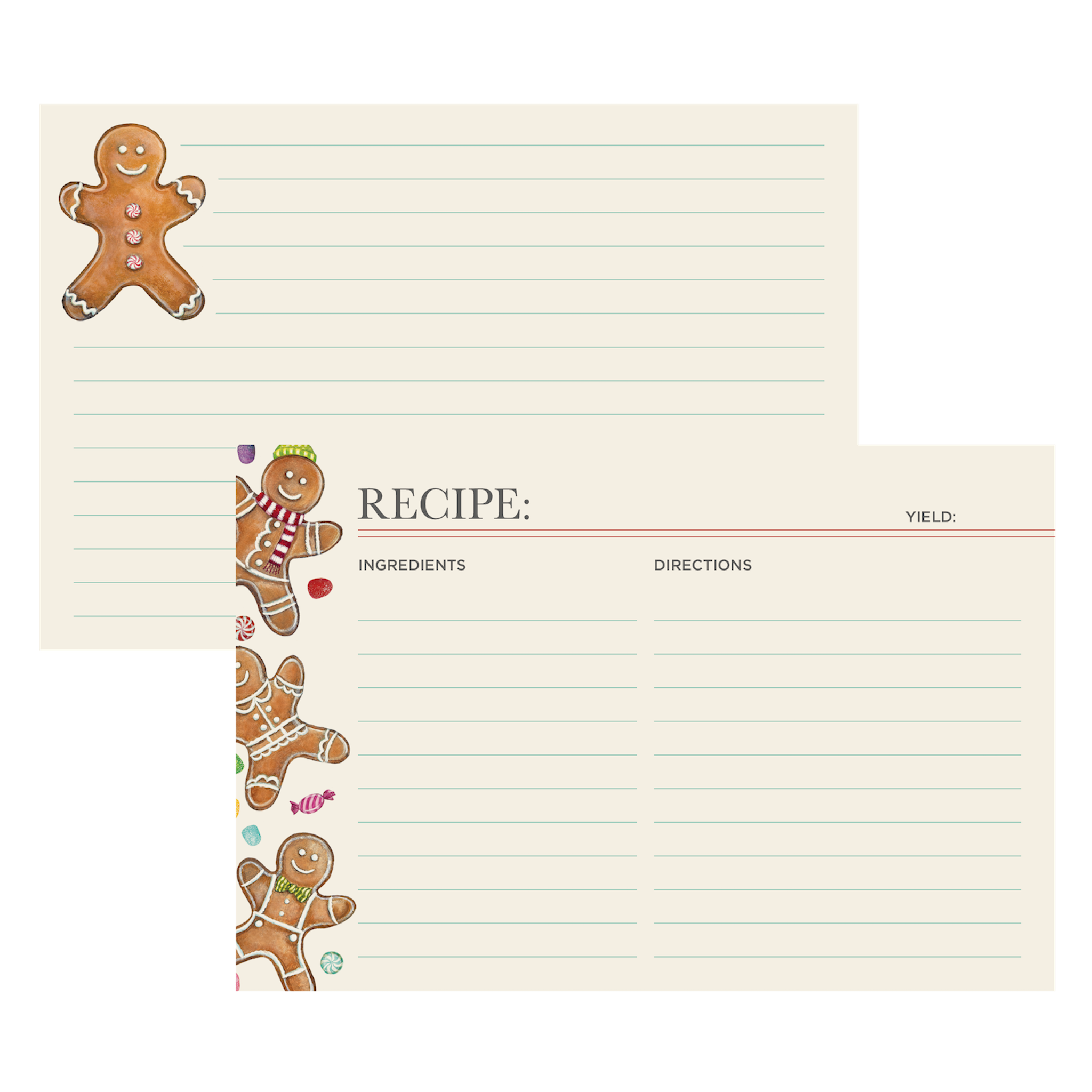 Both sides of a lined recipe card with space for ingredients and directions on the front, with more lined space on the back. The front of the card is adorned with three gingerbread men and colorful holiday candies along the left side, and the back features one gingerbread man in the upper left corner.