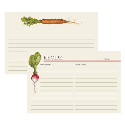 Both sides of a lined recipe card with space for ingredients and directions on the front, with more lined space on the back. The front of the card is adorned with a white and purple turnip with green leaves on the left side, and the back is adorned with an orange carrot with green leaves across the top.