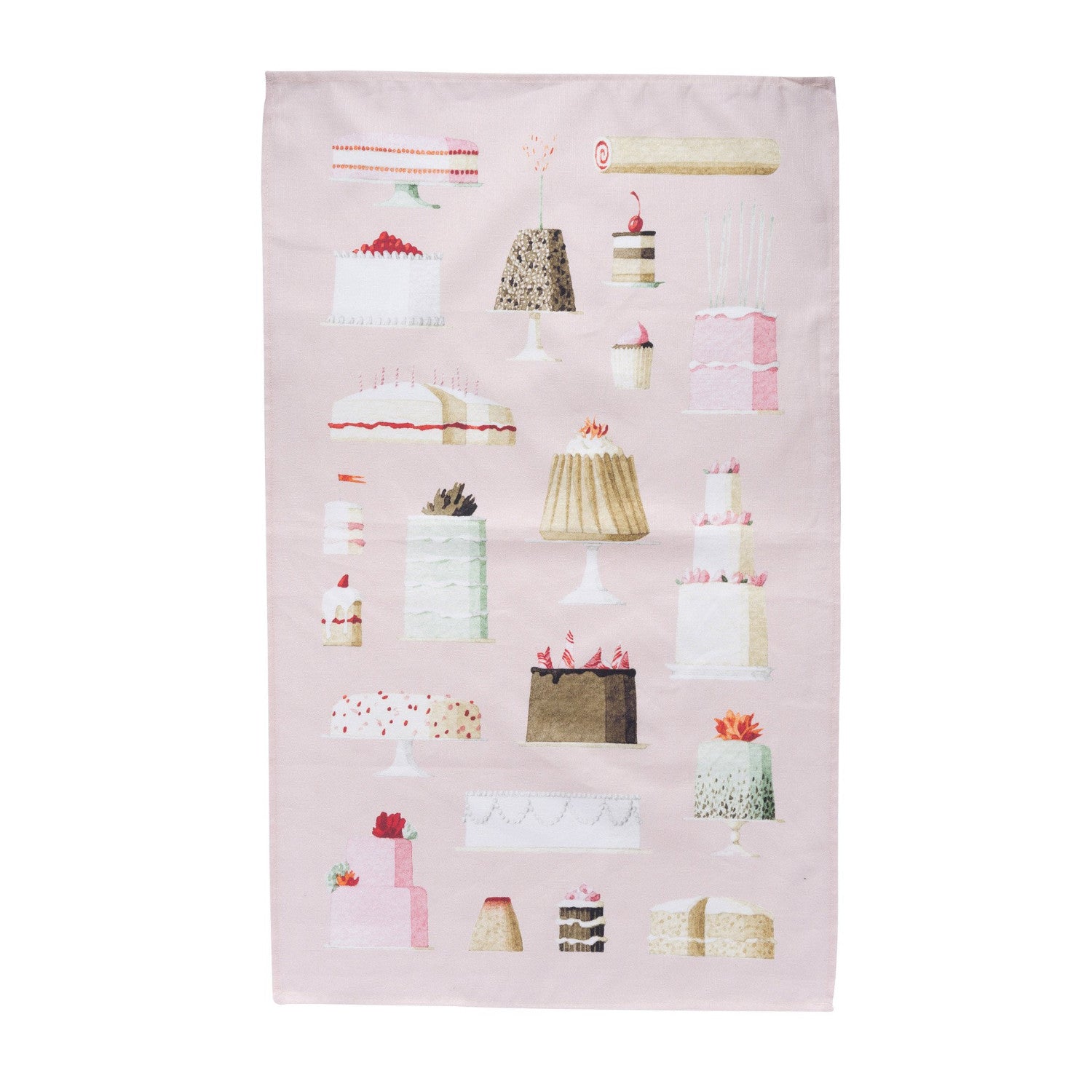 Assorted cakes and desserts illustrated on a pink Hester &amp; Cook Cakes Tea Towel.