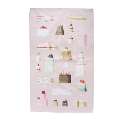 Assorted cakes and desserts illustrated on a pink Hester &amp; Cook Cakes Tea Towel.