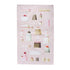 Assorted cakes and desserts illustrated on a pink Hester & Cook Cakes Tea Towel.