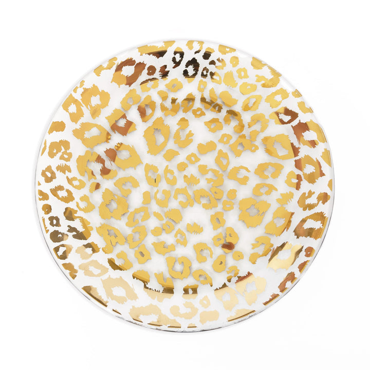 A round ceramic plate with a gold cheetah print pattern in 24k gold, on a white background. 