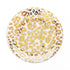 A round ceramic plate with a gold cheetah print pattern in 24k gold, on a white background. 