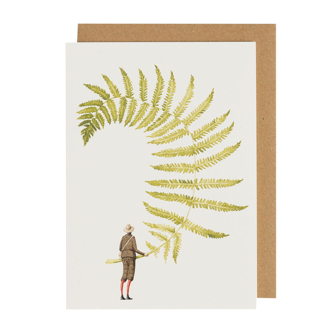 A greeting card featuring a small man holding a gigantic fern frond by the stem, with the included kraft paper envelope.