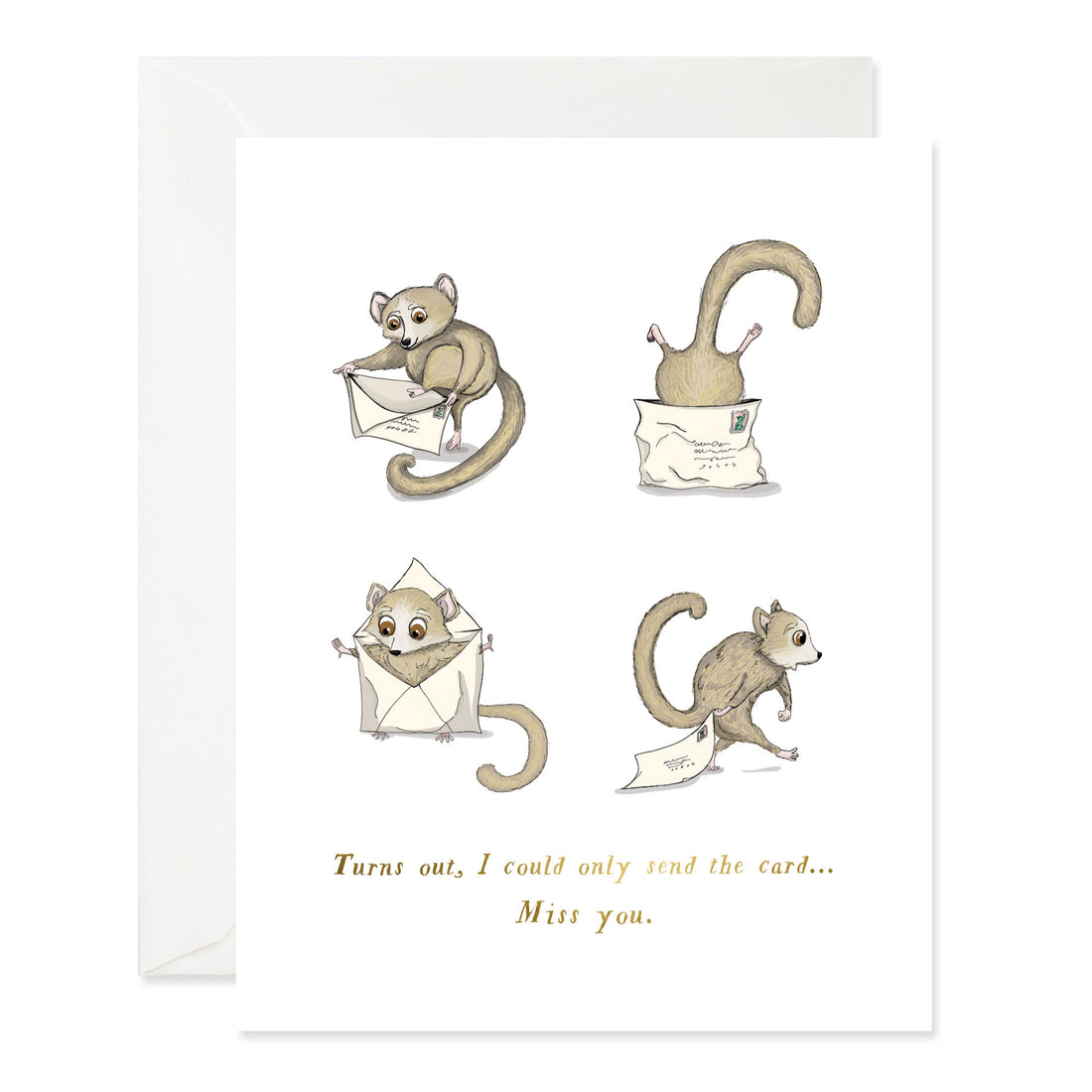 Illustration of whimsical squirrels interacting with a letter on a Good Juju Ink Lemur Miss You Card with a heartfelt message.