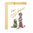 Front of card with a cat and a dog wrapped in holiday decor with the phrase "Doggonit, Meowy Christmas" on it