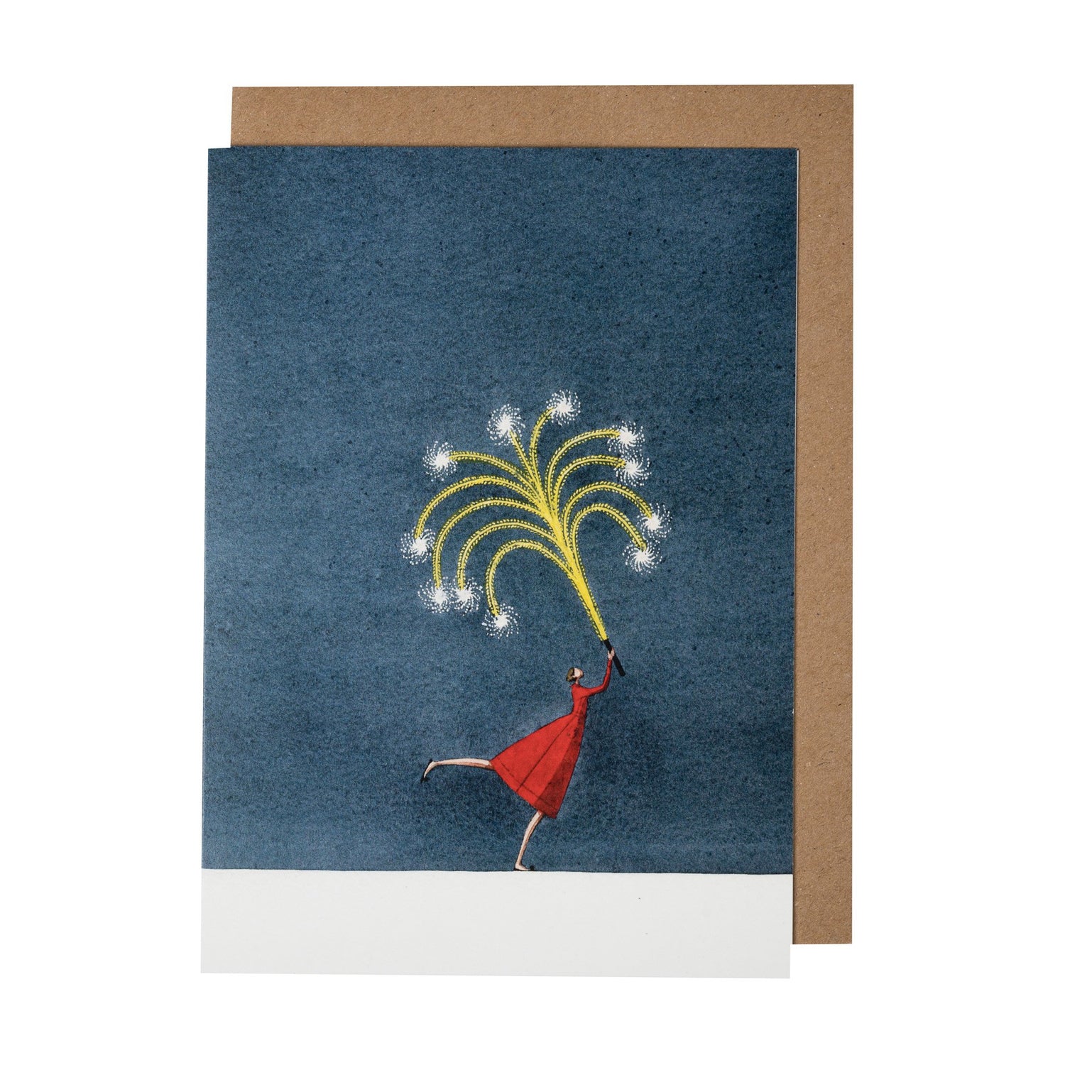 A greeting card featuring a stylized illustration of a woman in a red dress holding a roman candle shooting bright yellow fireworks over the navy blue background, with the included kraft paper envelope.