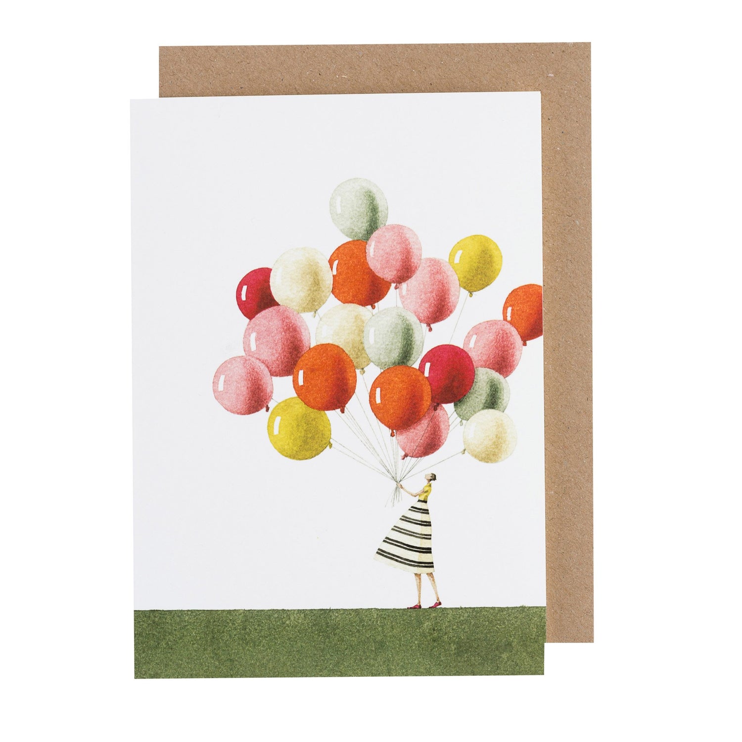 An environmentally sustainable Hester &amp; Cook Balloons Card featuring a girl in a striped dress holding a bunch of colorful balloons.