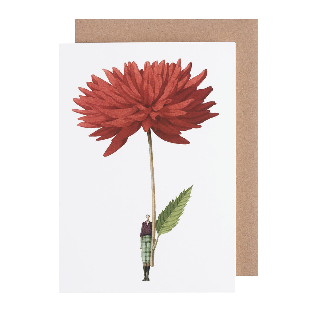 A greeting card featuring a stylized illustration of a small man holding a gigantig red-orange dahlia bloom by the stem on a white background, with a kraft paper envelope included.