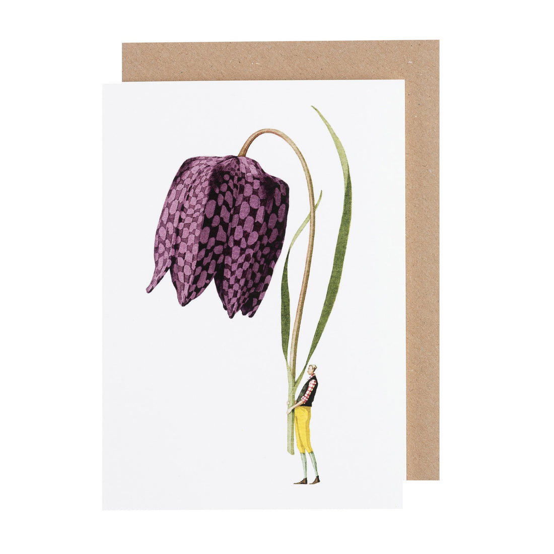 A greeting card featuring a stylized illustration of a small man holding a gigantic purple fritillary bloom by the stem on a white background, with the included kraft paper envelope.