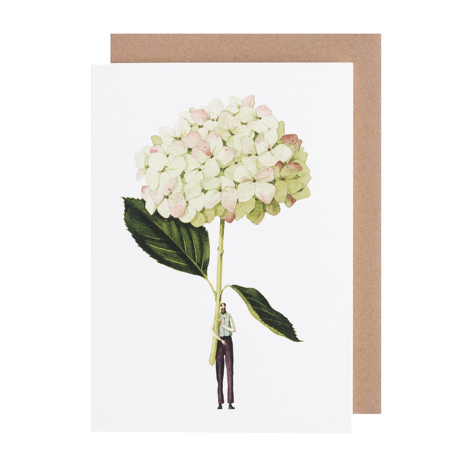 A white greeting card featuring a stylized illustration of a man holding a gigantic light green hydrangea bloom by the stem, with the included kraft paper envelope.