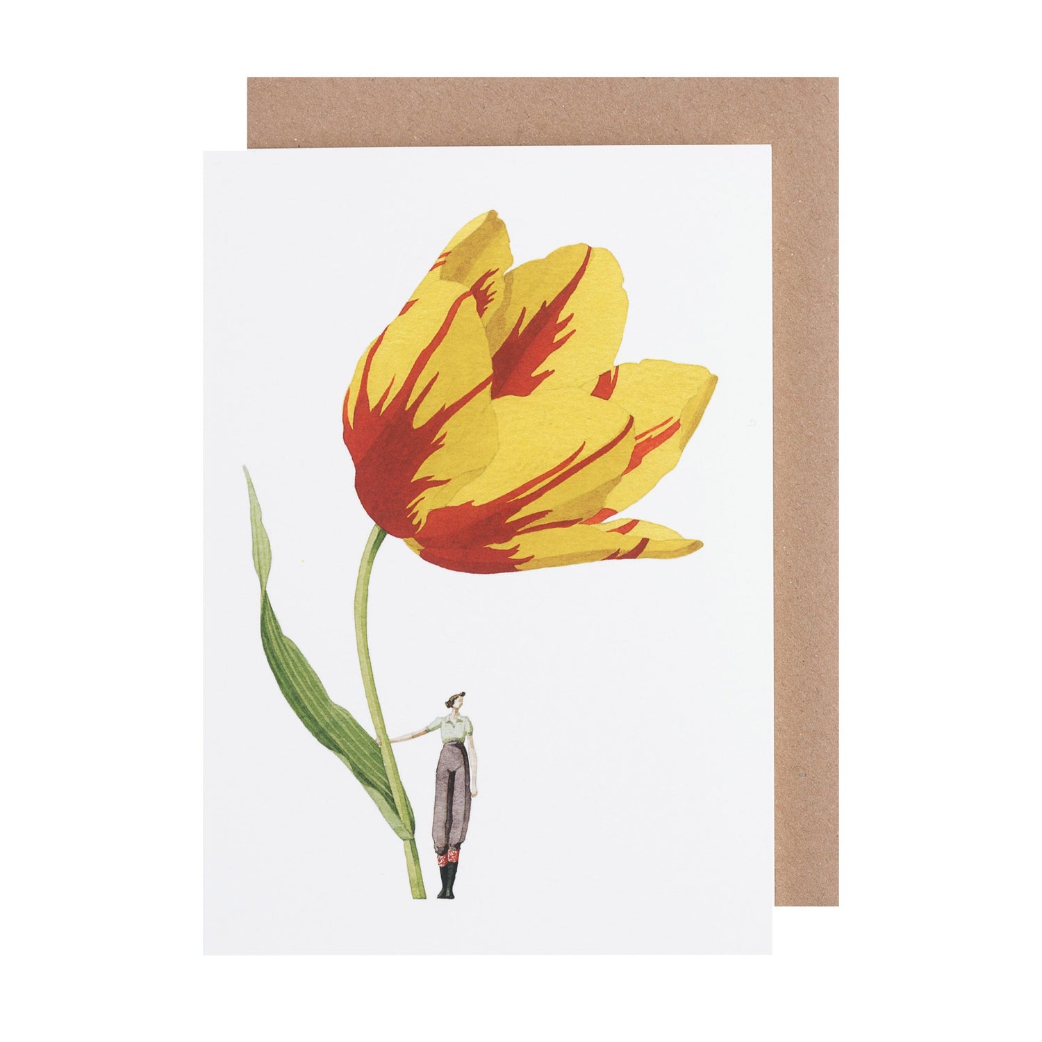 A white greeting card featuring a stylized illustration of a person holding a gigantic yellow and red tulip by the stem. The included kraft paper envelope is tucked behind the card.