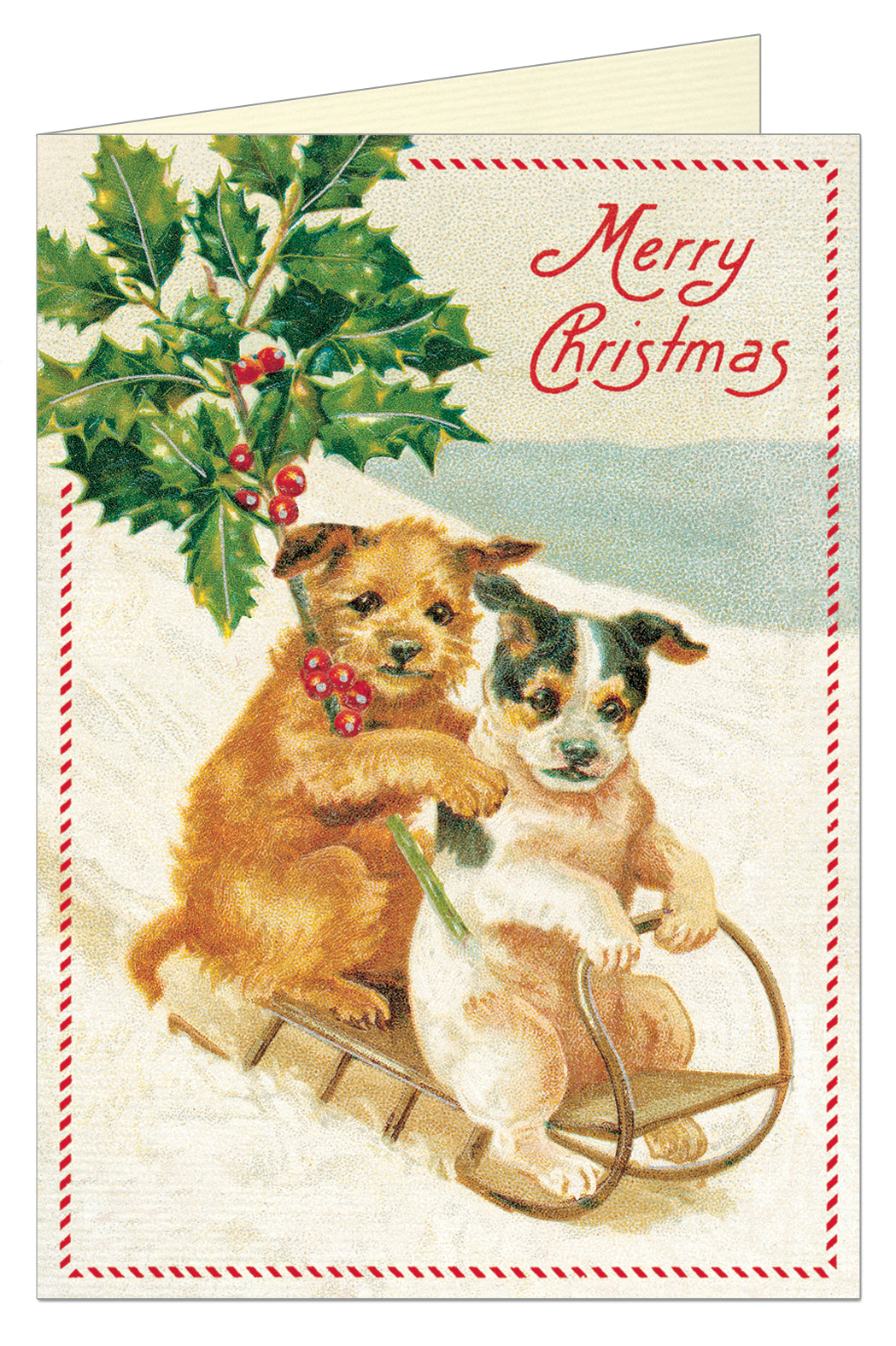 A Christmas Dogs Boxed Set of Cards with a dog and holly, from Cavallini Papers &amp; Co, crafted on Italian paper.