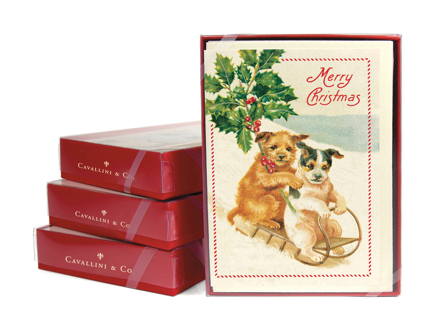 A Christmas Dogs Boxed Set of Cards with a dog and holly, from Cavallini Papers &amp; Co, crafted on Italian paper.