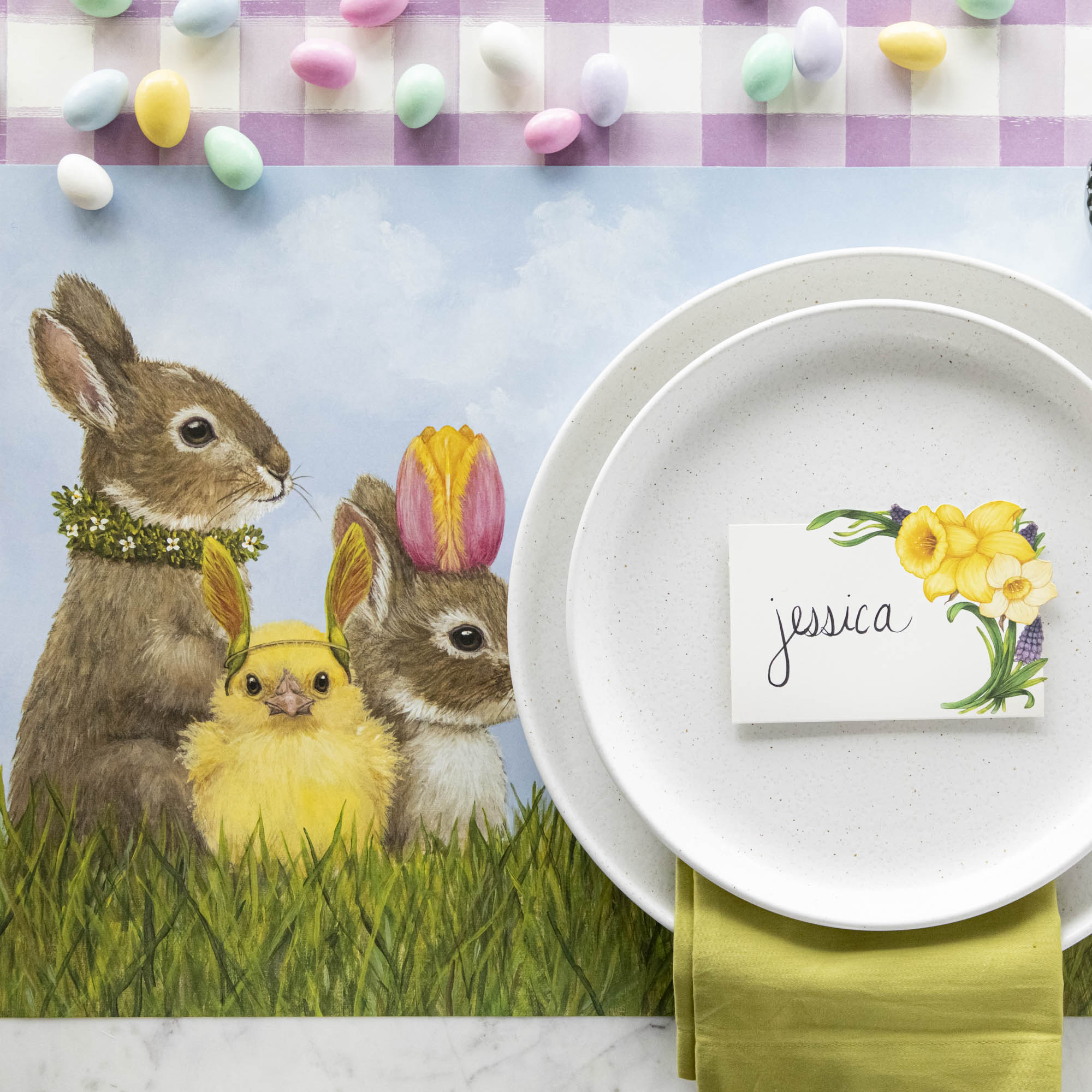 The Garden Gathering Placemat under a vibrant springtime place setting, from above.