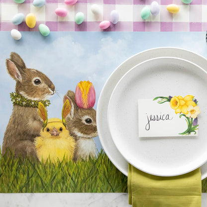 The Garden Gathering Placemat under a vibrant springtime place setting, from above.