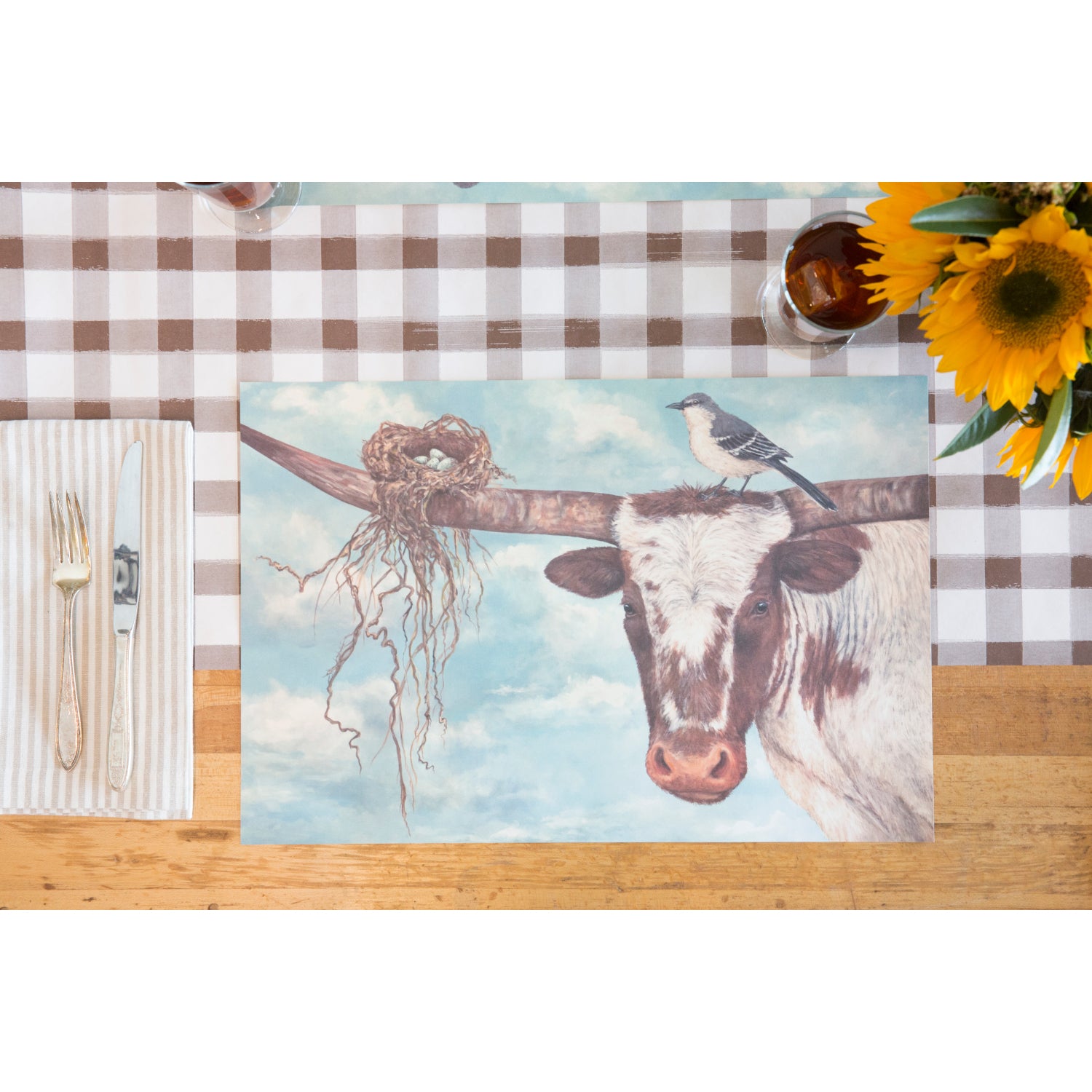 A place setting with the Buford &amp; Agnes Placemat over the Brown Painted Check Table Runner.