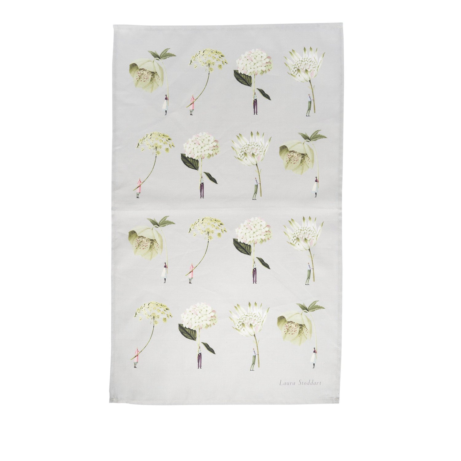 A white tea towel patterned with whimsically illustrated small people holding giant green and white flowers by the stem, art by Laura Stoddart.