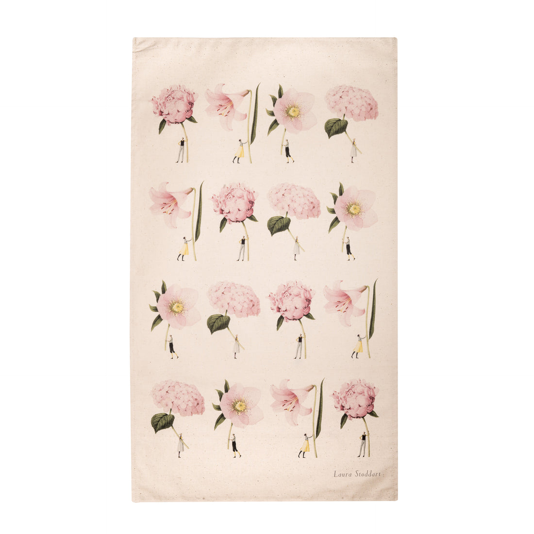 A linen tea towel featuring a pattern of whimsical illustrations of a small people holding  gigantic flowers by the stem. Art by Laura Stoddart. 