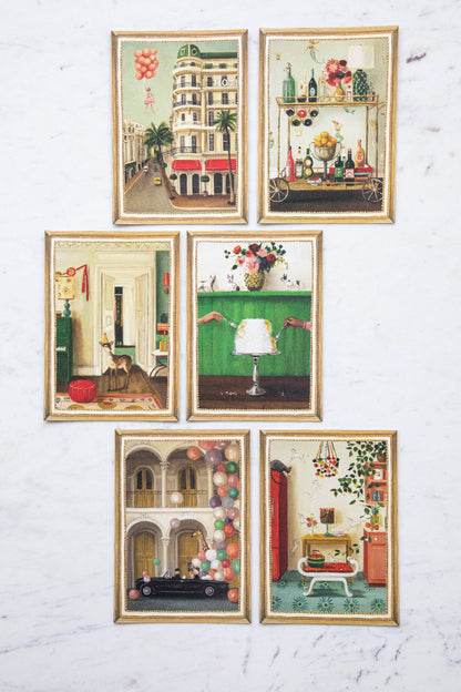 A set of six Hester &amp; Cook Fabulous Fête Flat Note Boxed Set of 6 Cards featuring festive, party-inspired artwork of a living room, dining room, bedroom, and bathroom.