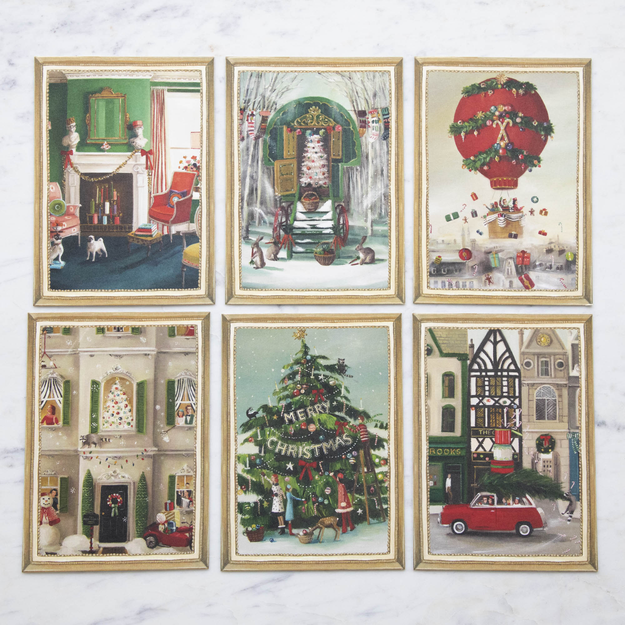 A set of six different Christmas cards illustrated by Janet Hill for Hester &amp; Cook.