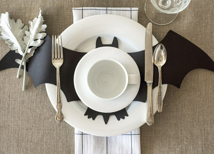 The Die-cut Bat Placemat incorporated into an elegant place setting, from above.