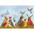 A group of birds, wearing hats made of foliage, in grass with a blue sky background.