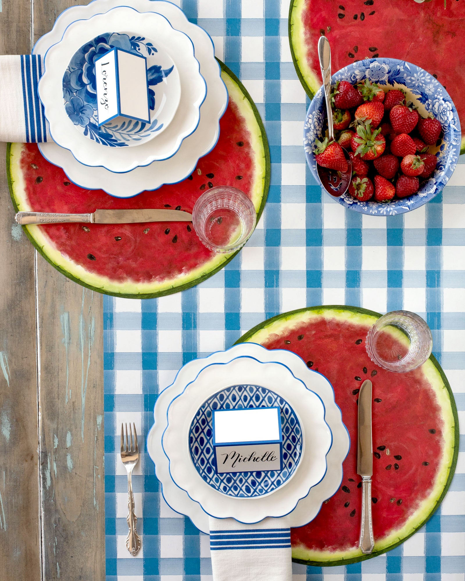 The Blue Painted Check Runner under an elegant summertime table setting, from above.
