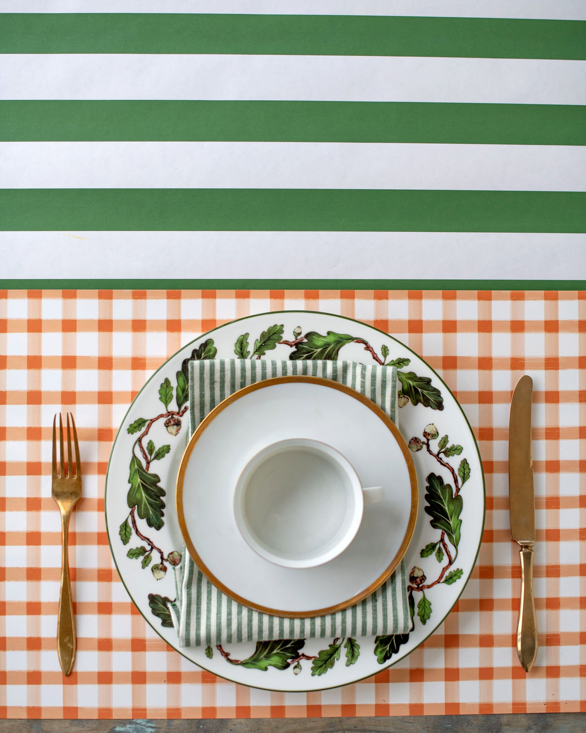 A vibrant Hester &amp; Cook Dark Green Classic Stripe Runner place setting, perfect for entertaining.