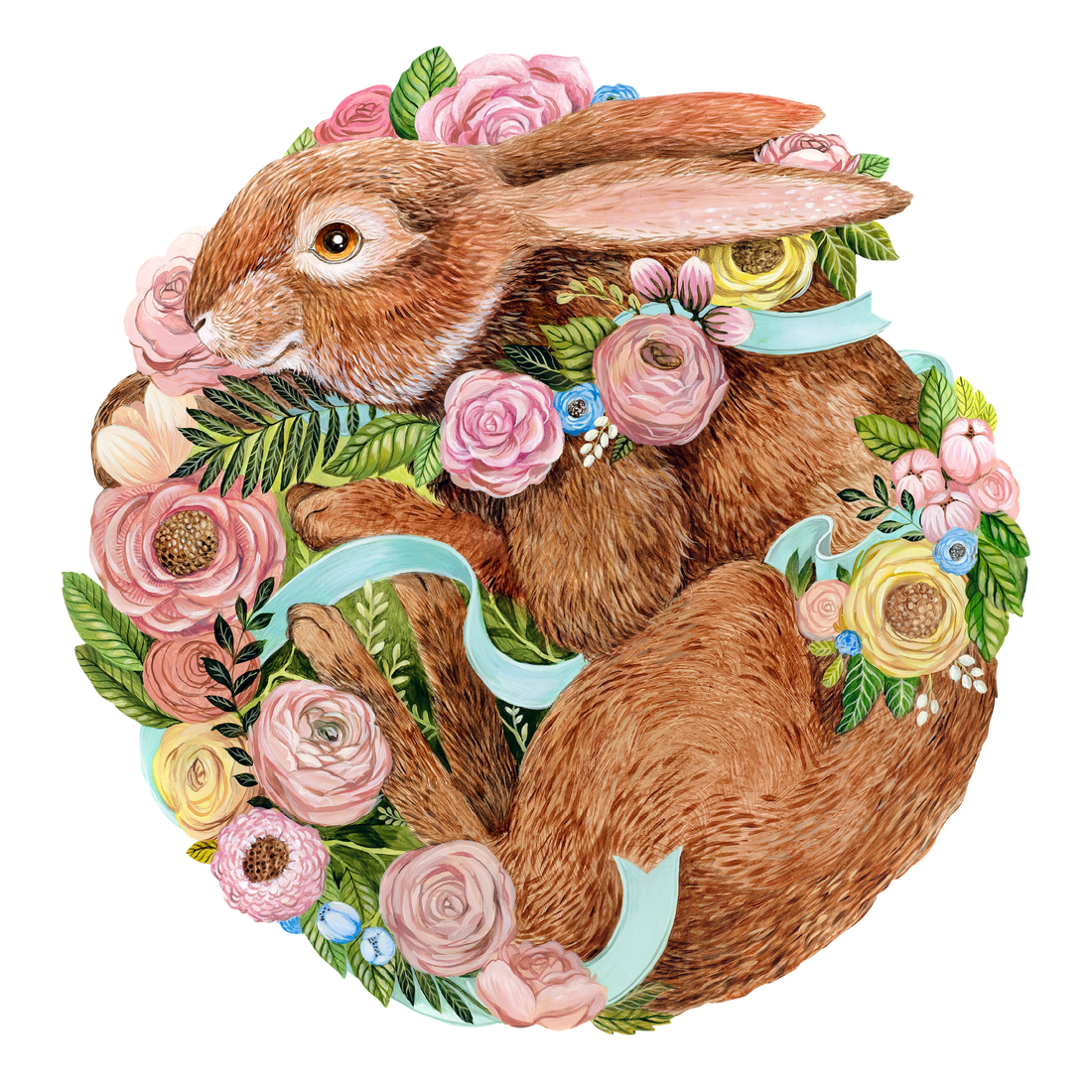 An illustrated brown rabbit curled up with pink and yellow blossoms, green leaves and a teal ribbon.