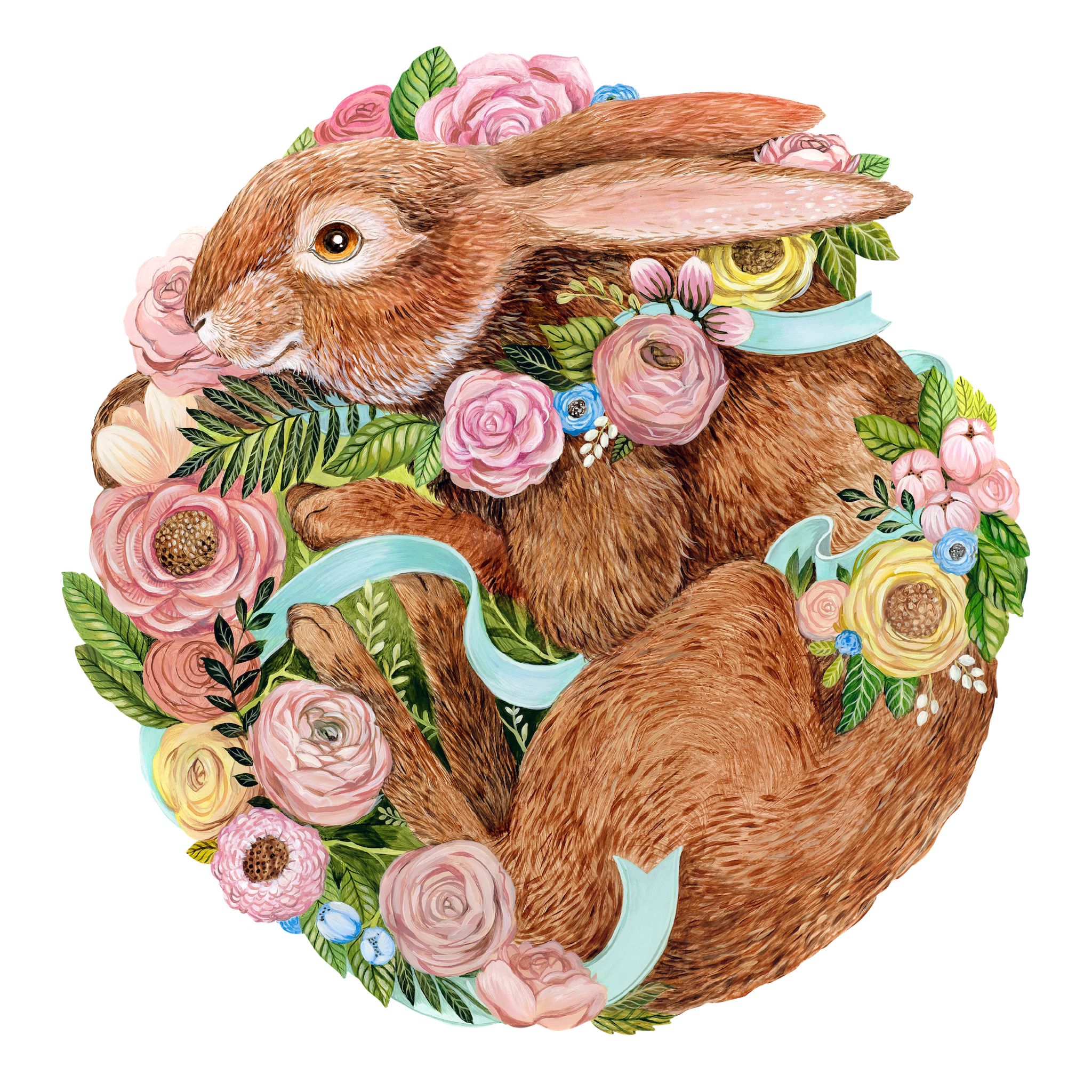 An illustrated brown rabbit curled up with pink and yellow blossoms, green leaves and a teal ribbon.