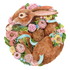 An illustrated brown rabbit curled up with pink and yellow blossoms, green leaves and a teal ribbon.