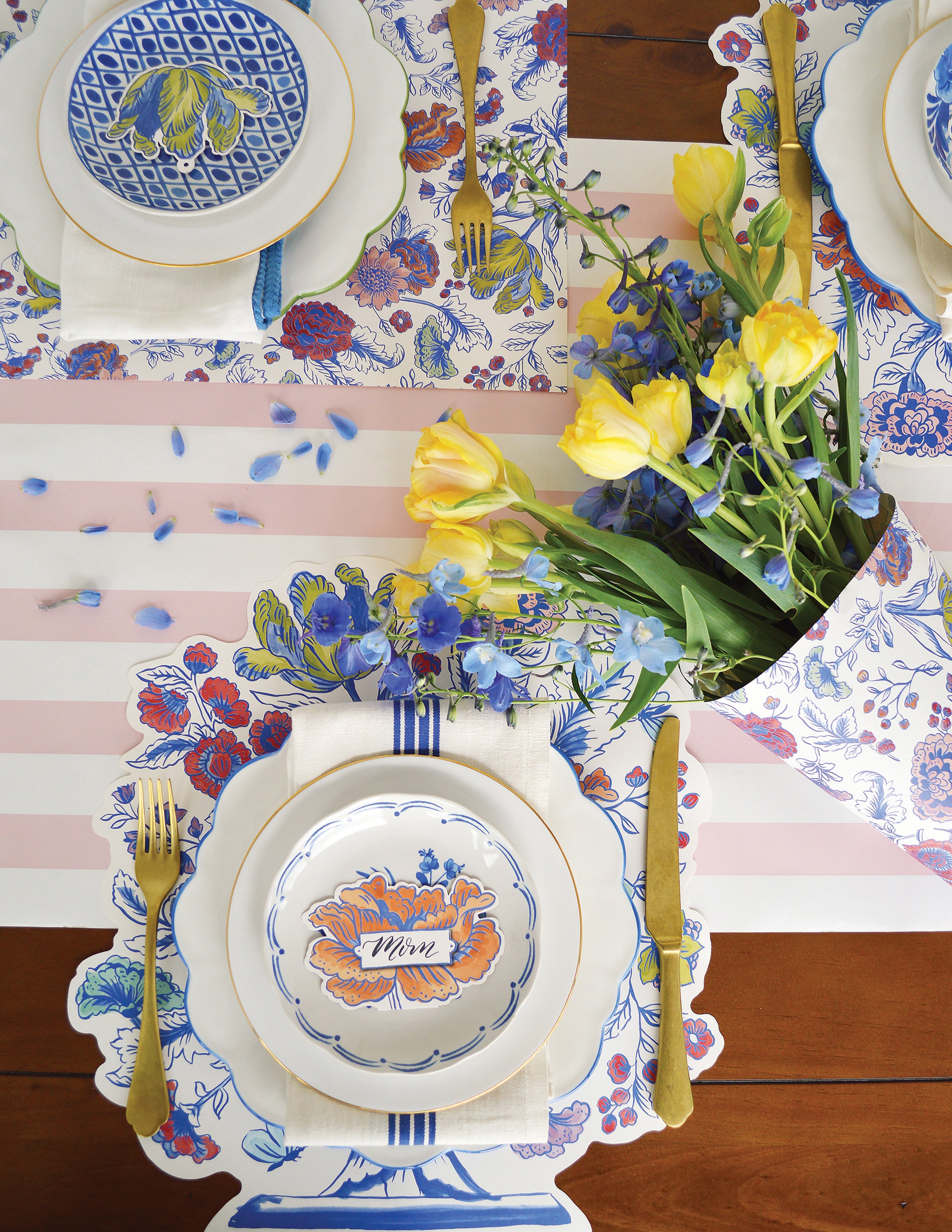 The Pink Classic Stripe Runner under an elegant floral table setting, from above.