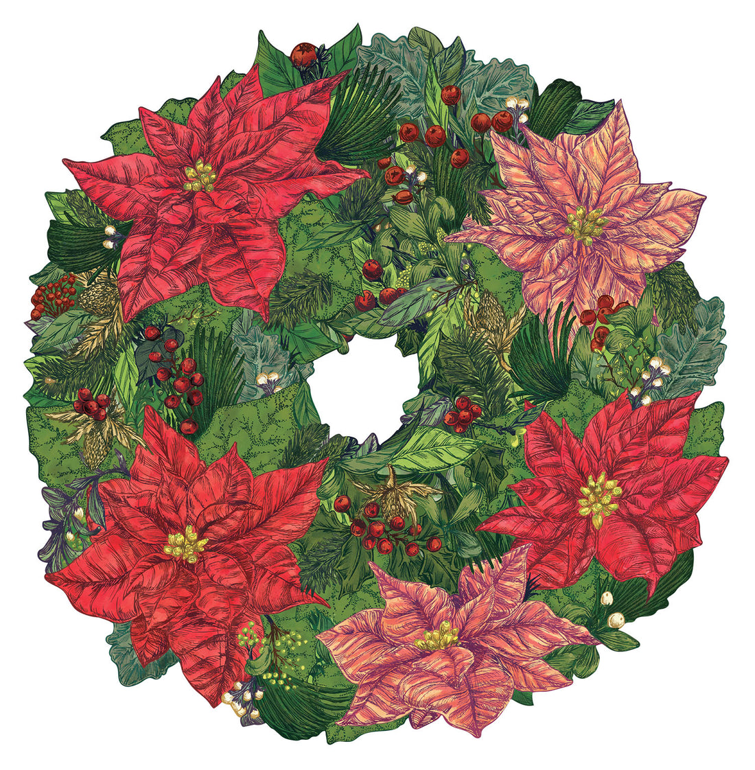 A die-cut illustrated wreath of red and pink poinsettia blooms among densely-packed green winter foliage with red berries, with an open white center.