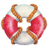 A round, symmetrical, die-cut illustration of a red and white life preserver entwined with a tan rope. 