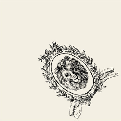 A white, square cocktail napkin featuring black linework of a majestic lion head in an ornate oval frame oriented in the lower right corner.