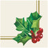 A square cocktail napkin featuring painterly green holly leaves and red berries in the lower right, with decorative gold frame lines along the lower and right edges, on a white background.