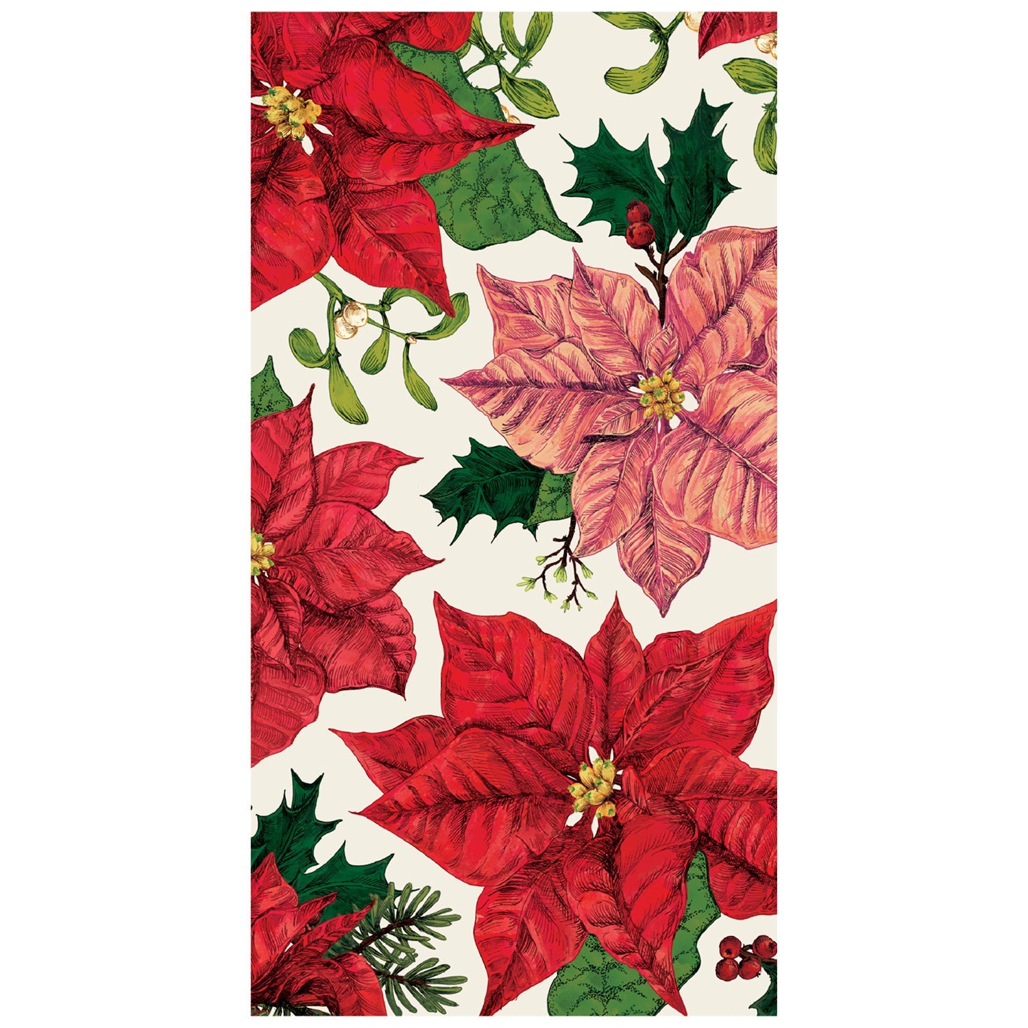 A rectangle, cream guest napkin featuring vintage-style illustrated poinsettias in red and pink, surrounded by winter foliage like holly and mistletoe.