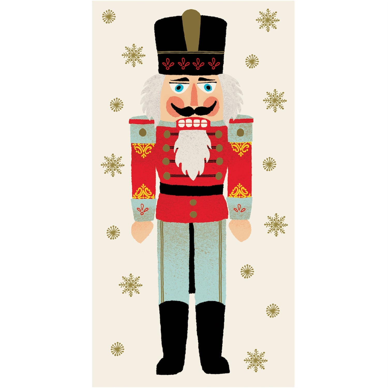 A rectangle guest napkin featuring whimsical artwork of a tall nutcracker soldier on a cream background speckled with gold snowflakes.