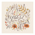 A square cocktail napkin featuring beautiful calligraphy reading "grateful" in deep brown, surrounded by brown, orange and yellow florals and filigree, on a white background.