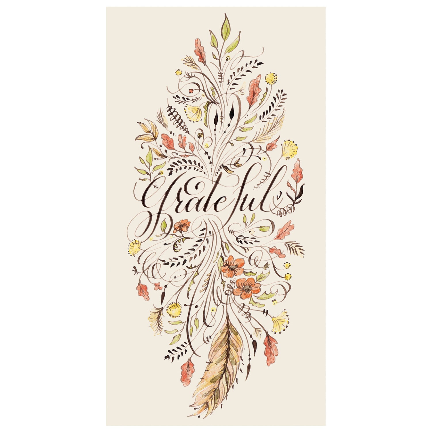 A rectangle guest napkin featuring beautiful calligraphy reading &quot;grateful&quot; in deep brown, surrounded by brown, orange and yellow florals and filigree, on a white background.