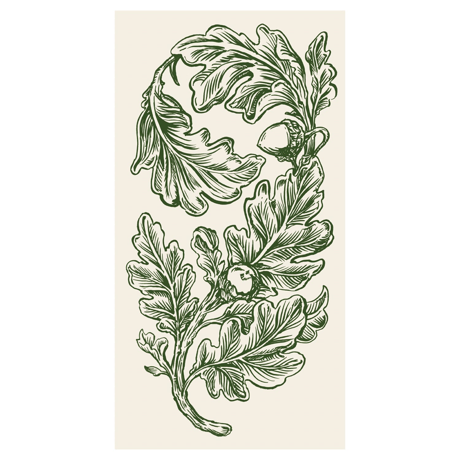 A rectangle, white guest napkin featuring a dark green engraving-style illustration of a curved, leafy oak branch with acorns.