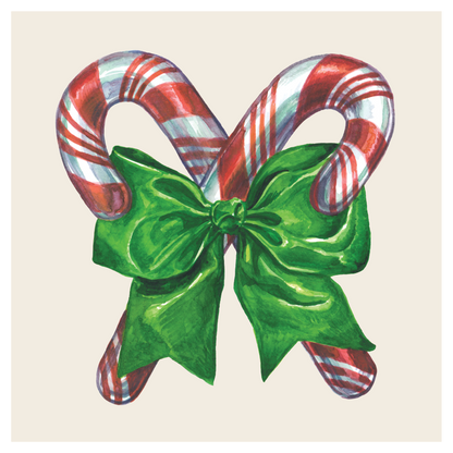 A square, cream cocktail napkin featuring two illustrated, red and white candy canes, crossed and tied with a green ribbon.