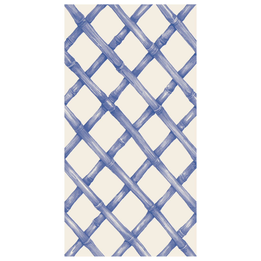 A diagonal woven bamboo pattern in monochrome blue on a white background, on a rectangle guest napkin.